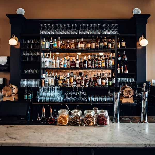 Honeycomb Cafe's well-stocked bar with various liquor bottles, glassware, and garnishes on a marble counter.