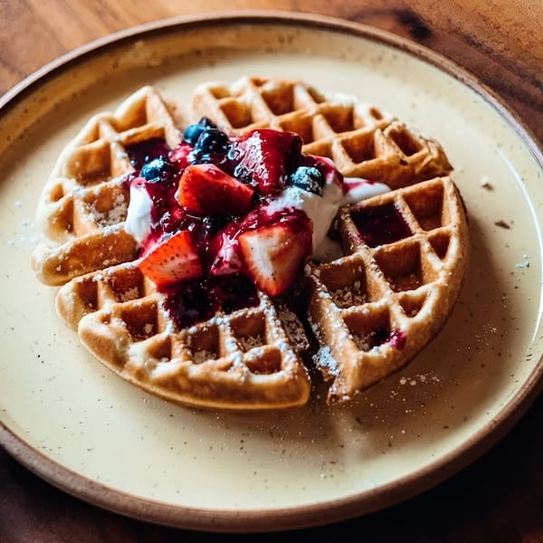 Golden waffle halves topped with fresh strawberries, blueberries, and whipped cream on a yellow plate.