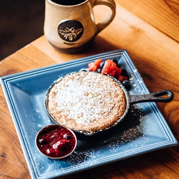 Skillet cookie with powdered sugar, berries, and raspberry sauce, next to a Honeycomb Cafe mug.
